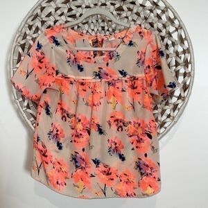 Japna floral tan and fluorescent pink blouse size small